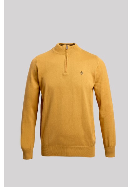 Fermuarlı Yarım Balıkçı Yaka Pamuk Erkek Triko Kazak Hardal