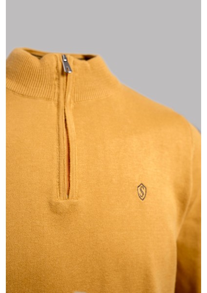 Fermuarlı Yarım Balıkçı Yaka Pamuk Erkek Triko Kazak Hardal fiyatları