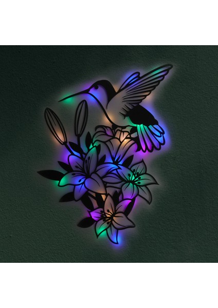 LED Işıklı Çiçekler ve Sinek Kuşu Dekoratif Tablo Balkon Duvar Dekorlu Gece Lambası