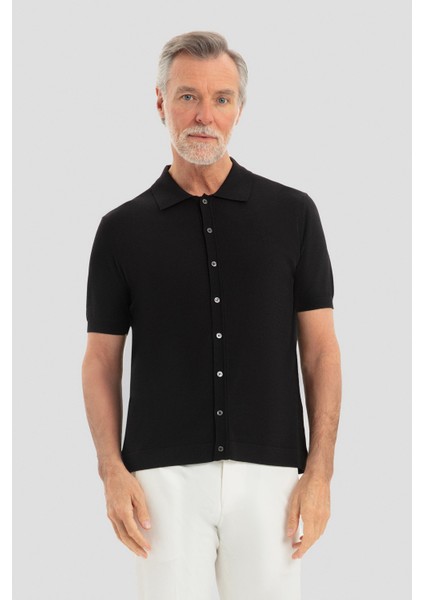 Polo Yaka Kısa Kollu Triko Erkek Gömlek Siyah