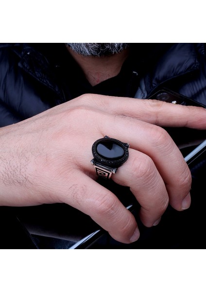 925 Ayar Gümüş Onix Taşlı Oval Model Erkek Yüzük