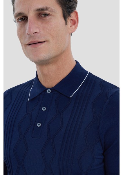 Düğmeli Polo Yaka Jakar Desenli Triko Erkek T-Shirt Lacivert indirimleri