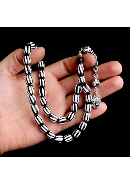 925 Ayar Gümüş Mineli Püsküllü Siyah Beyaz Ayyıldız Model Ateş Kehribar Tesbih