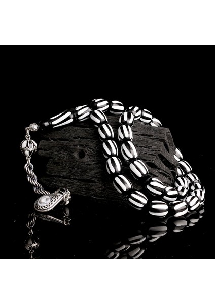 925 Ayar Gümüş Mineli Püsküllü Siyah Beyaz Ayyıldız Model Ateş Kehribar Tesbih fiyatları