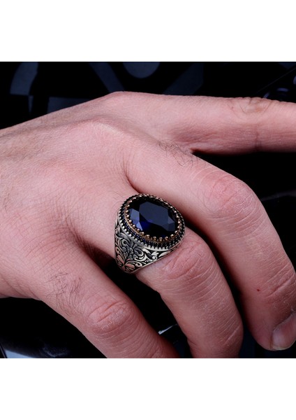 925 Ayar Gümüş Mavi Renk Zirkon Taşlı Erkek Yüzük