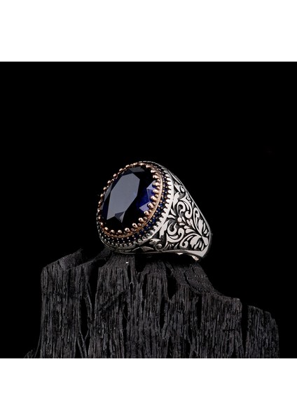 925 Ayar Gümüş Mavi Renk Zirkon Taşlı Erkek Yüzük fiyatları