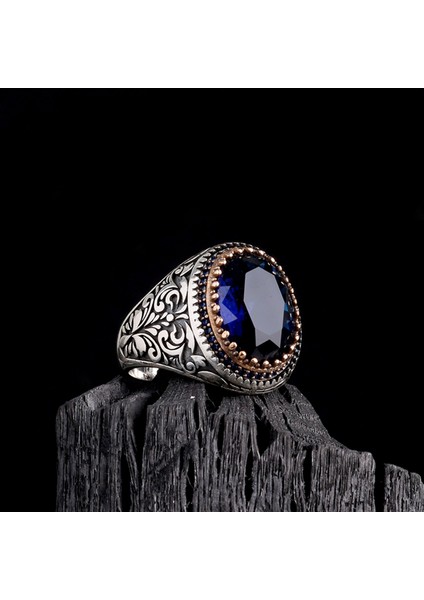 925 Ayar Gümüş Mavi Renk Zirkon Taşlı Erkek Yüzük modelleri