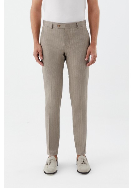 Çizgili Chino Erkek Pantolon Bej