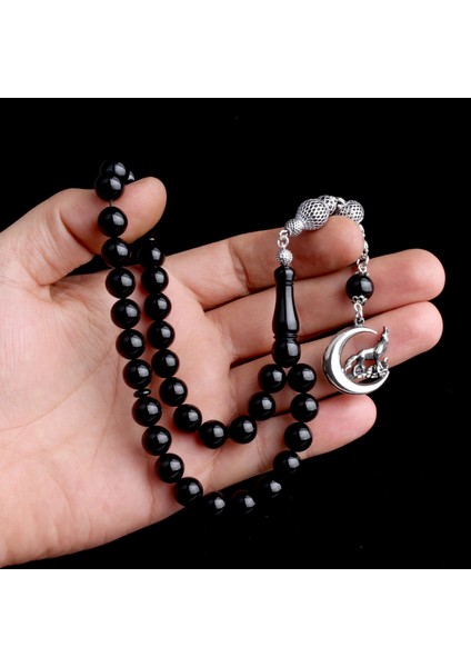 925 Ayar Gümüş Hilal Kurt Model Püsküllü Ateş Kehribar Tesbih