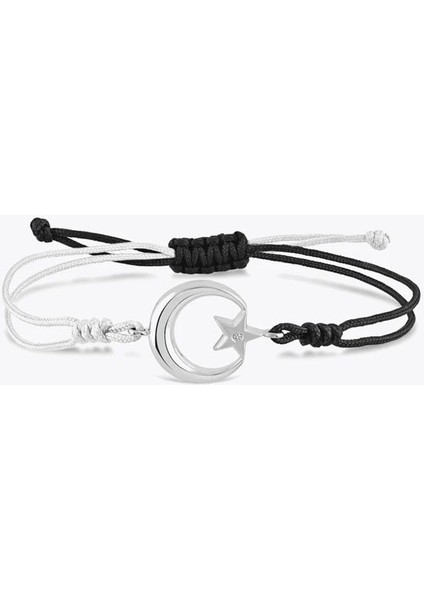 925 Ayar Gümüş Ayyıldız Model Siyah Beyaz Ipli Ayarlanabilir Bileklik