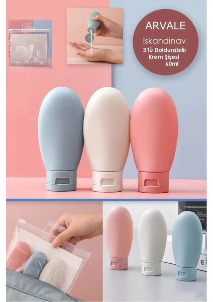 Ipek 3 Adet Çok Amaçlı Seyahat Tipi Doldurulabilir Krem Şampuan Şişe Seti Krem Kutusu