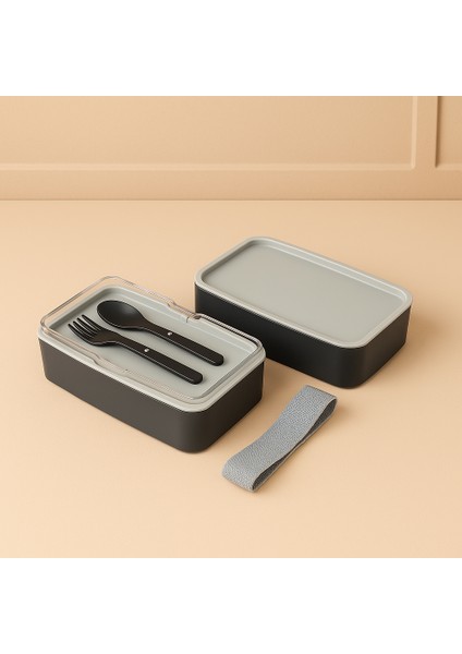 Beslenme Kabı 2 Katlı Ayarlanabilir Çatal Kaşıklı Yemek Saklama Kabı Antrasit