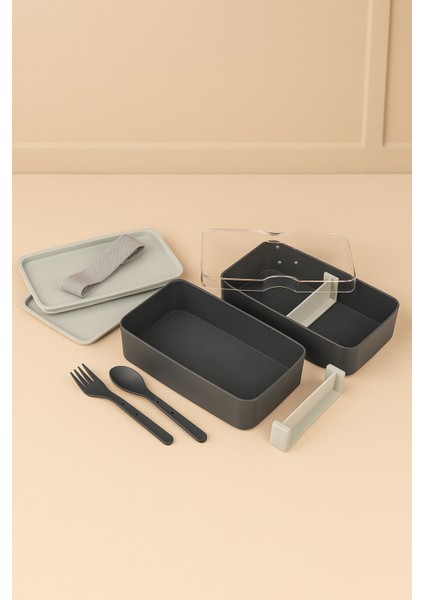 Beslenme Kabı 2 Katlı Ayarlanabilir Çatal Kaşıklı Yemek Saklama Kabı Antrasit fiyatları