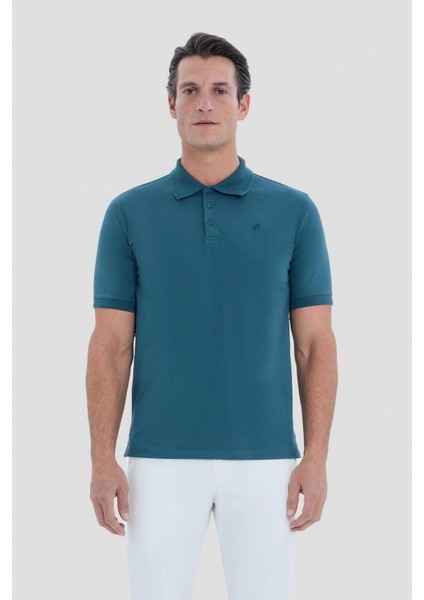 Düğmeli Polo Yaka Pike Basic Erkek T-Shirt Nefti