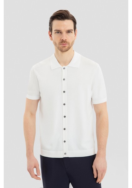Polo Yaka Kısa Kollu Triko Erkek Gömlek Ekru