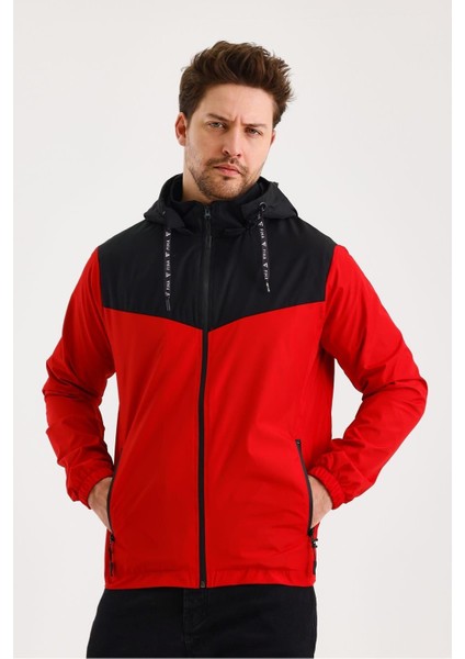 /9114-ERKEK Yaka Garnili Yağmurluk - Kırmızı