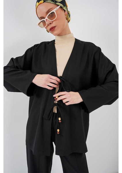 Kadın Keten Kimono Ikili Takım Siyah