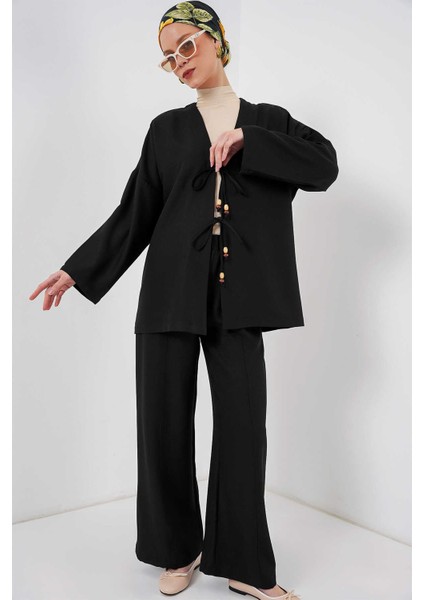 Kadın Keten Kimono Ikili Takım Siyah fırsatları