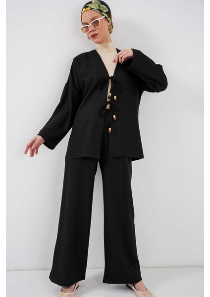 Kadın Keten Kimono Ikili Takım Siyah indirimleri