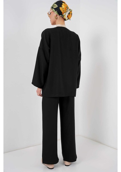 Kadın Keten Kimono Ikili Takım Siyah