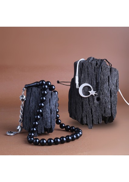 925 Ayar Gümüş Püsküllü Siyah Beyaz Ateş Kehribar Ayyıldız Bileklik Kombini