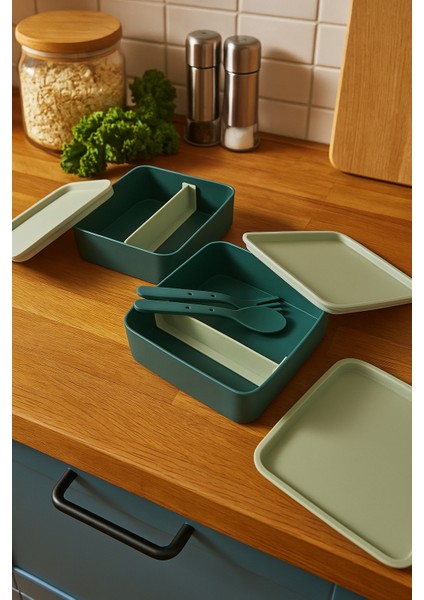 Kare Beslenme Kabı 2 Katlı Ayarlanabilir Çatal Kaşıklı Yemek Saklama Kabı Yeşil