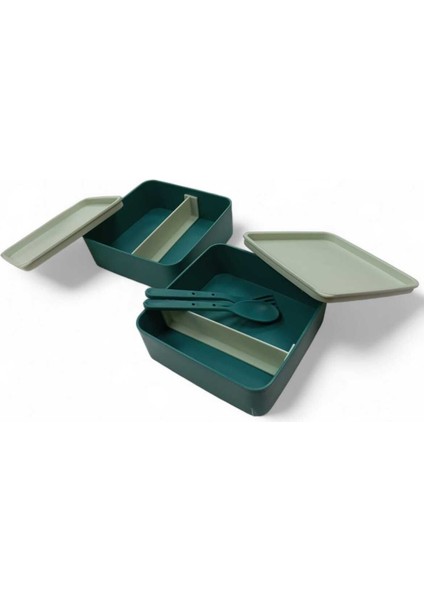 Kare Beslenme Kabı 2 Katlı Ayarlanabilir Çatal Kaşıklı Yemek Saklama Kabı Yeşil fırsatları