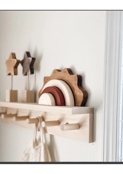 Doğal Ahşap Montessori Askılık Duvar Rafı Kitaplık