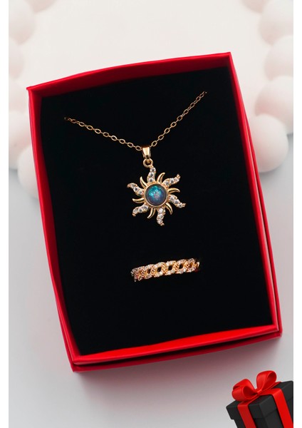 316L Çelik Gold Kadın Güneş Kolye ve Yüzük Set (Kutulu)