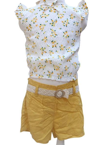 Kız Çocuk İkili Takım Çiçekli Ekru-Sarı | %100 Pamuk Bürümcük Kumaş, Kemerli Şortlu Takım fiyatları