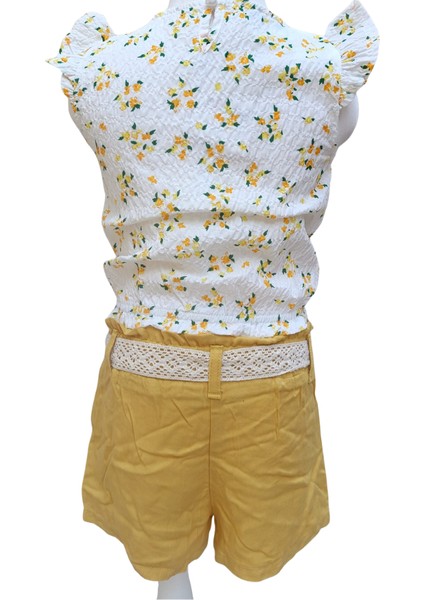 Kız Çocuk İkili Takım Çiçekli Ekru-Sarı | %100 Pamuk Bürümcük Kumaş, Kemerli Şortlu Takım modelleri