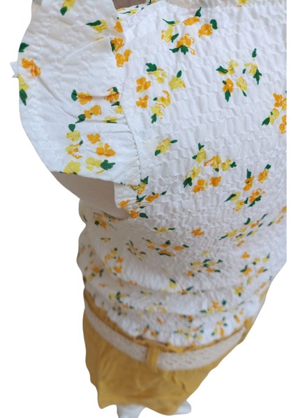 Kız Çocuk İkili Takım Çiçekli Ekru-Sarı | %100 Pamuk Bürümcük Kumaş, Kemerli Şortlu Takım fırsatları