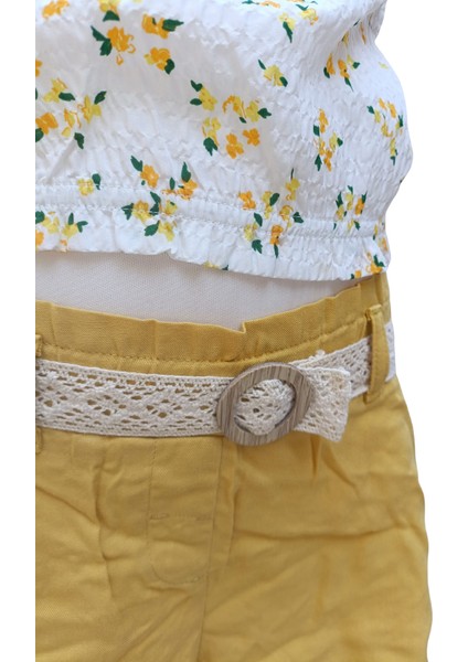 Kız Çocuk İkili Takım Çiçekli Ekru-Sarı | %100 Pamuk Bürümcük Kumaş, Kemerli Şortlu Takım indirimleri