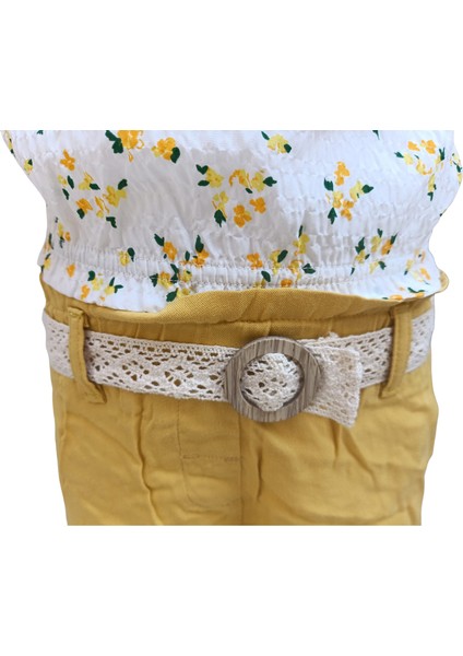 Kız Çocuk İkili Takım Çiçekli Ekru-Sarı | %100 Pamuk Bürümcük Kumaş, Kemerli Şortlu Takım