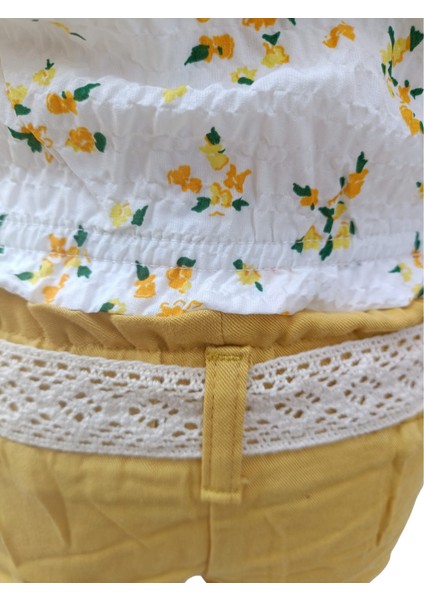Kız Çocuk İkili Takım Çiçekli Ekru-Sarı | %100 Pamuk Bürümcük Kumaş, Kemerli Şortlu Takım