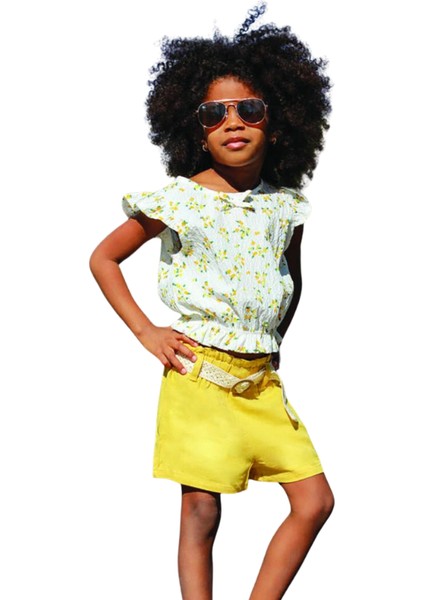 Kız Çocuk İkili Takım Çiçekli Ekru-Sarı | %100 Pamuk Bürümcük Kumaş, Kemerli Şortlu Takım