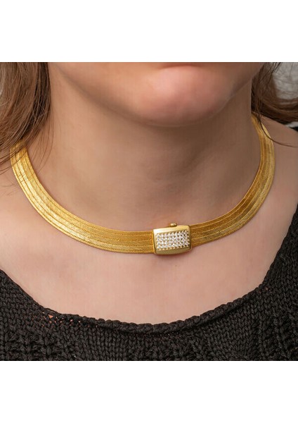 Gold Trabzon Hasır Zirkon Taşlı 925 Ayar Gümüş Kadın Kolye