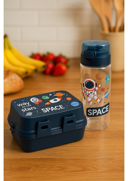 2'li Space 4 Bölmeli Beslenme Kutusu, 500 ml Matara Seti Beslenme Çantası ve Suluk Seti