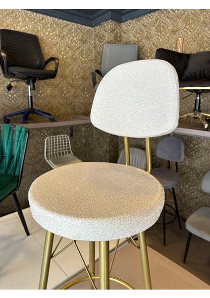 Yeni Teddy Kumaş Vena Bar Sandalye Mat(Eskitme)Gold Ekru.65 cm Oturum Yüksekliği modelleri