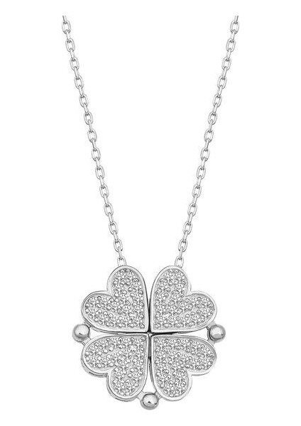 Beyaz Taşlı Açılabilen Yonca 925 Ayar Gümüş Kadın Kolye