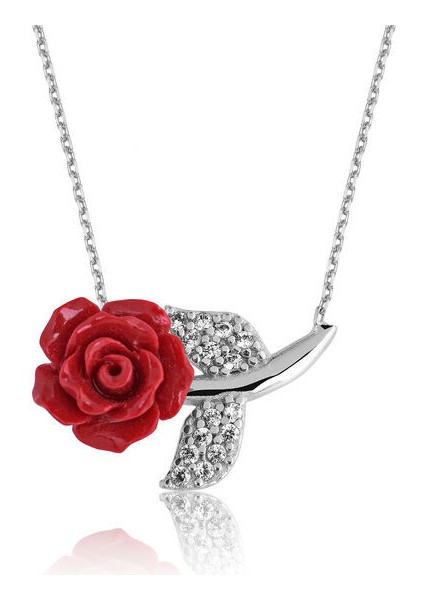 Kırmızı Gül 925 Ayar Gümüş Kadın Kolye