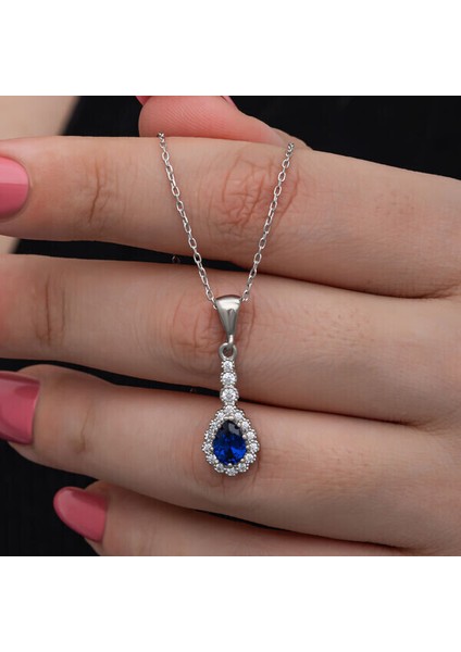 Mavi Zirkon Taşlı 925 Ayar Gümüş Kadın Kolye