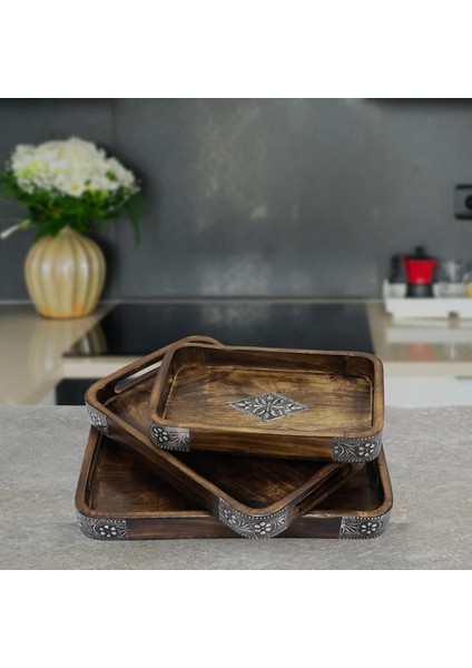 Otantik Ahşap Dikdörtgen Tepsi Seti – 3’lü, El İşçiliği, Antik Tasarım, Sunum & Dekoratif Kullanım (3 Adet)