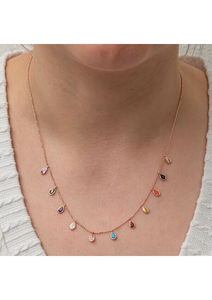 Renkli Damla Taşlı 925 Ayar Gümüş Kadın Kolye