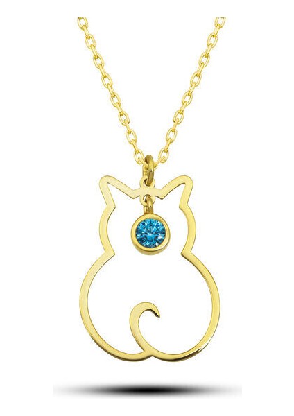Mart Ayı Dogum Taşı Kedi 925 Ayar Gümüş Kadın Kolye