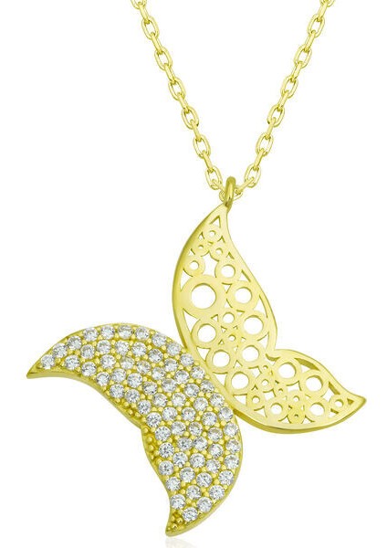 Gold Kelebek Zirkon Taşlı 925 Ayar Gümüş Kadın Kolye