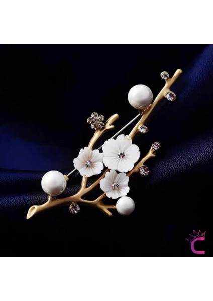 Erik Çiçeği Tasarım Beyaz Çiçekli Incili Taşlı Kadın Broş - Hediyelik Elbise Ceket Yaka Iğnesi Rozet fırsatları