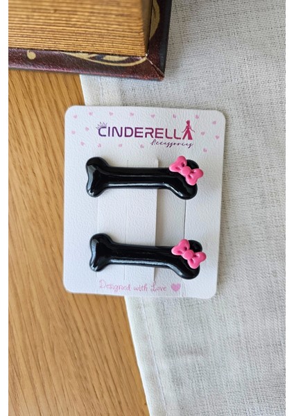 2'li Pembe Kurdele Fiyonklu Siyah Kemik Tasarım Pens Toka - Sevimli Kedi Köpek Tokası Saç Aksesuarı