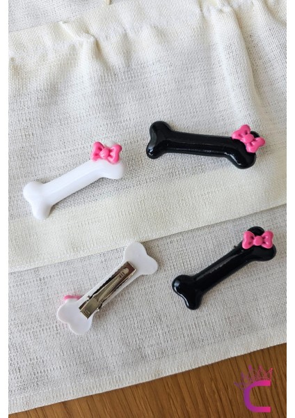 2'li Pembe Kurdele Fiyonklu Siyah Kemik Tasarım Pens Toka - Sevimli Kedi Köpek Tokası Saç Aksesuarı modelleri