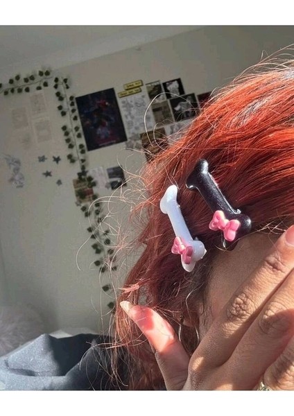 2'li Pembe Kurdele Fiyonklu Siyah Kemik Tasarım Pens Toka - Sevimli Kedi Köpek Tokası Saç Aksesuarı fırsatları